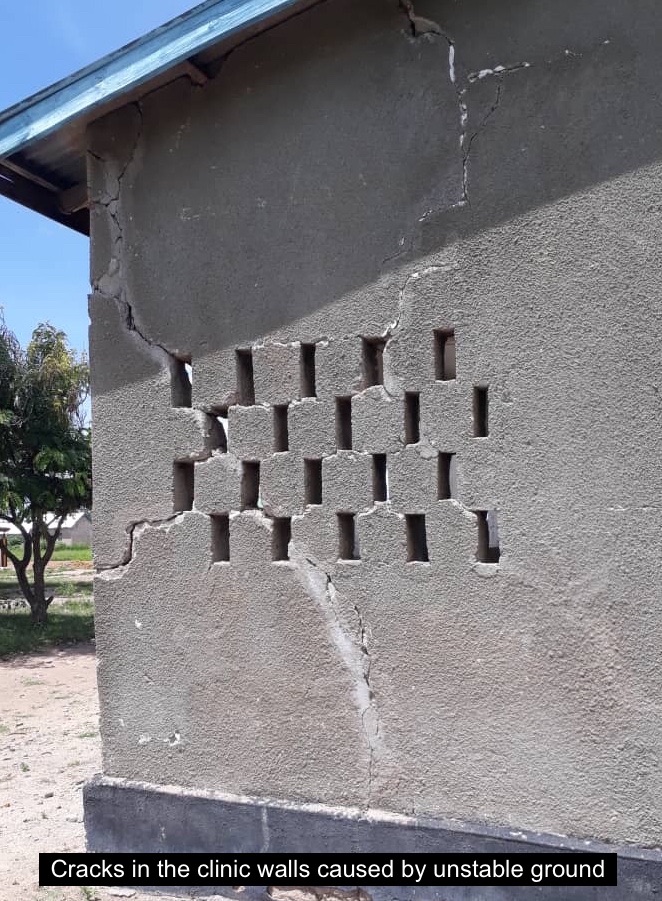 Cracks in the clinic walls caused by unstable ground